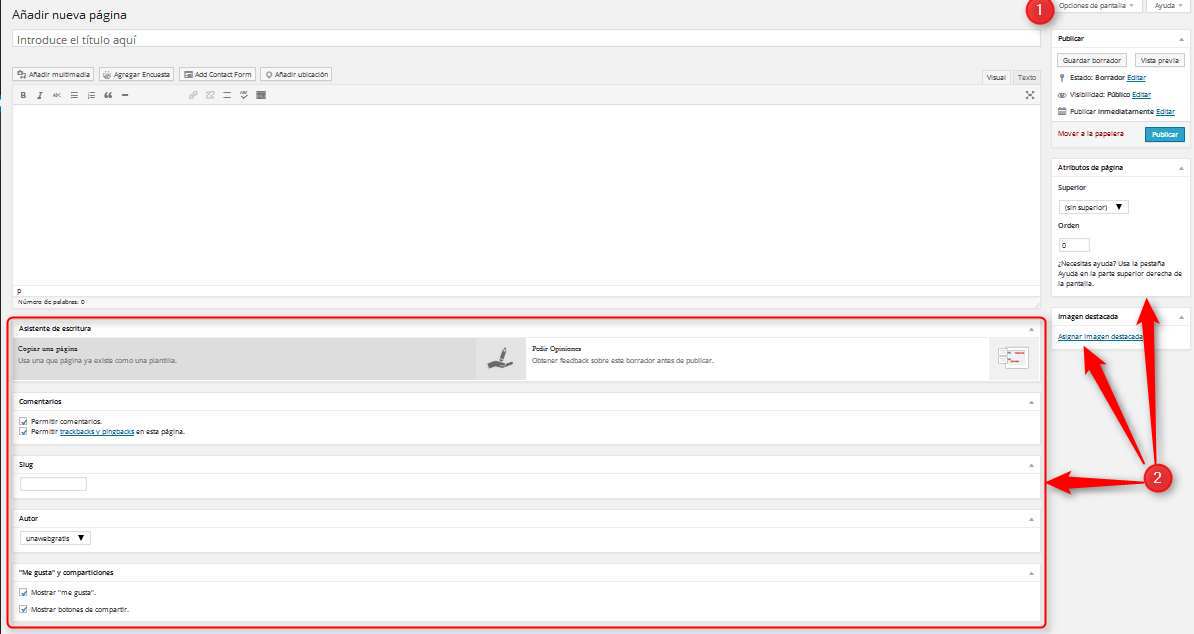 Wordpress. Pantalla creacion de página