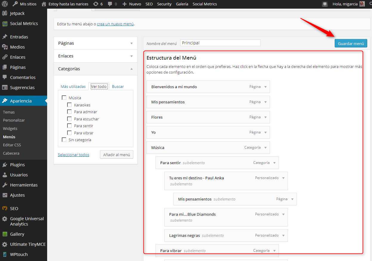 wordpress estructura del menu