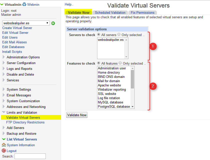 Virtualmin_validate virtual servers