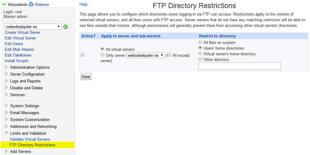 Virtualmin FTP Directory Restrictions