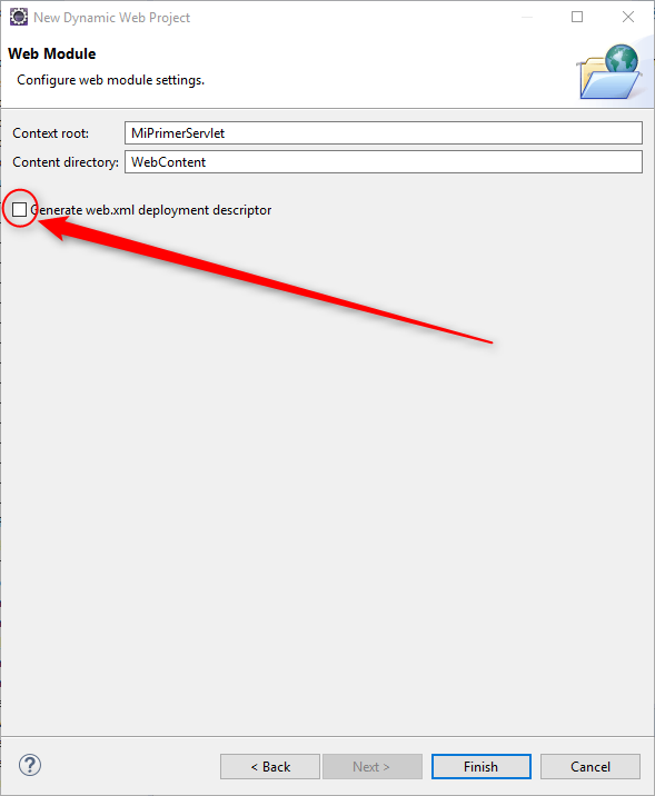 Pantalla de Eclipse para solicitar la creacion de web.xml