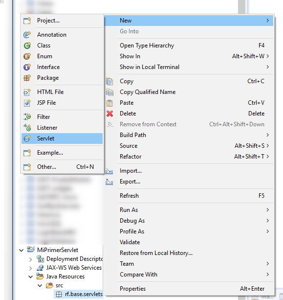 Menu para la creacion de un servlet en Eclipse