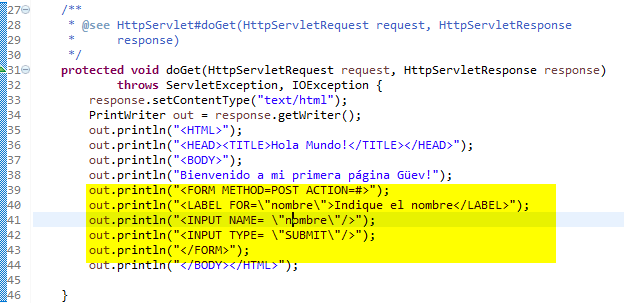 Lineas de programa para generar una pagina HTML con un formulario y que lo enviaremos en el metodo doGet
