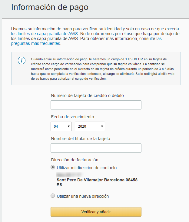 Peticion de datos de pago para la cuenta de AMAZON que estamos creando