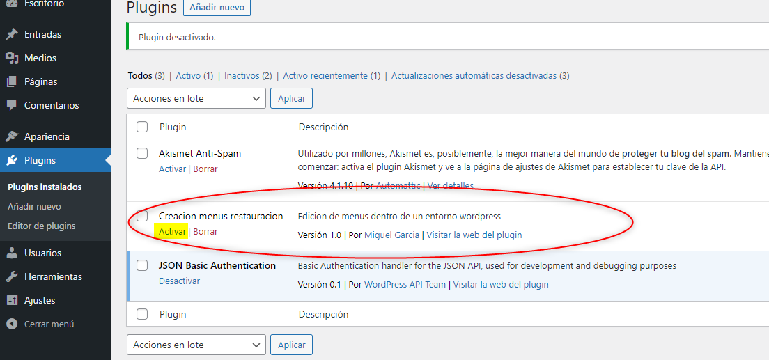 Ubicacion en el disco del plugin de wordpress creado