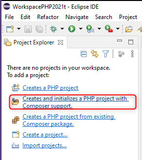 Seleccion creacion proyecto PHP + Composer con Eclipse