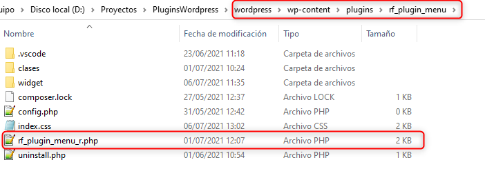 Ubicacion del fichero utilizado para la creacion de un plugin en wordpress