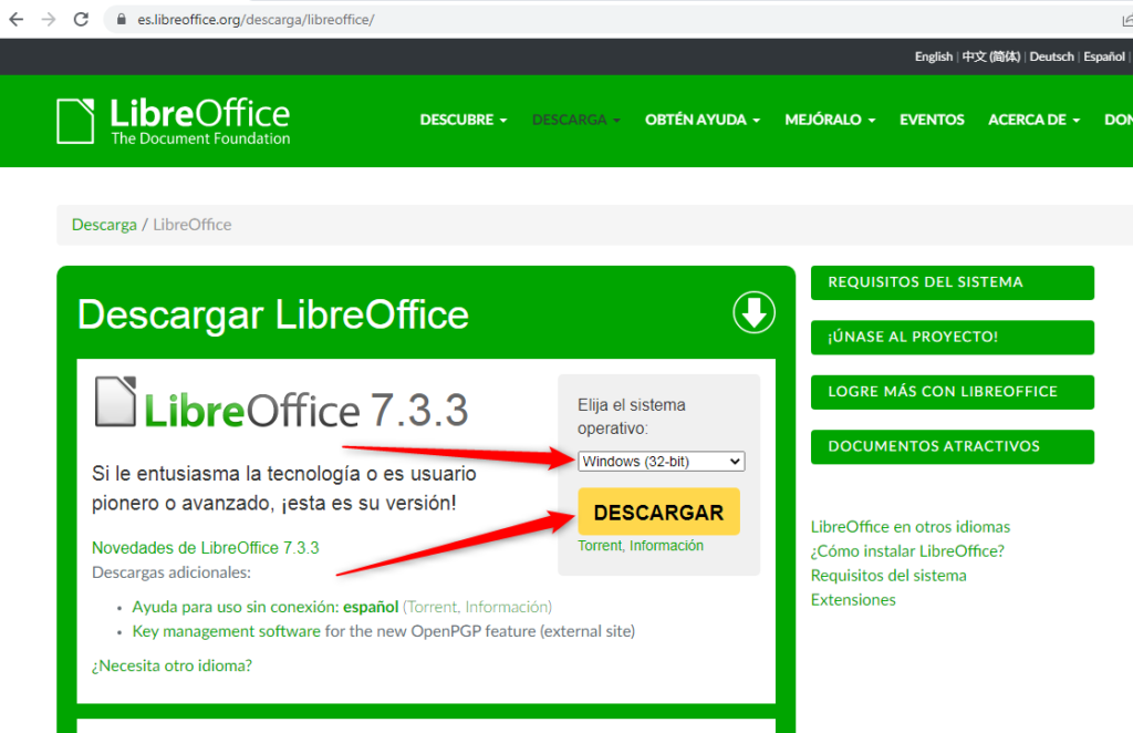 Selección de petición de descarga de Libre Office, Se deberá indicar la opción elegida