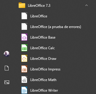 Selector de LibreOffice en Windows 10