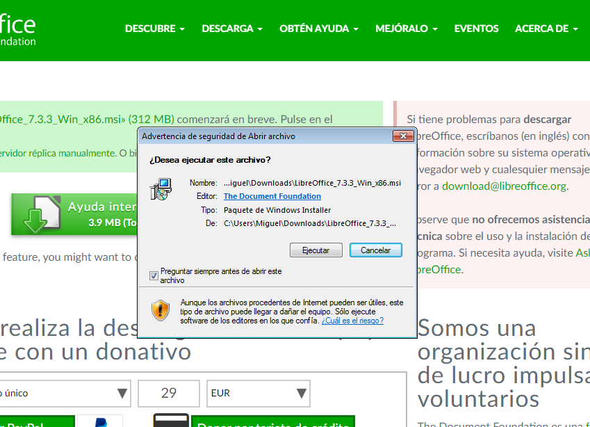 Autorización de inicio de instalación para Libre Office en Windows